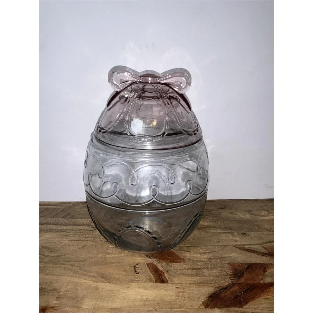 Vintage Anchor Hocking Glass Large Easter Egg Canister Jar Bow Cookie Jar